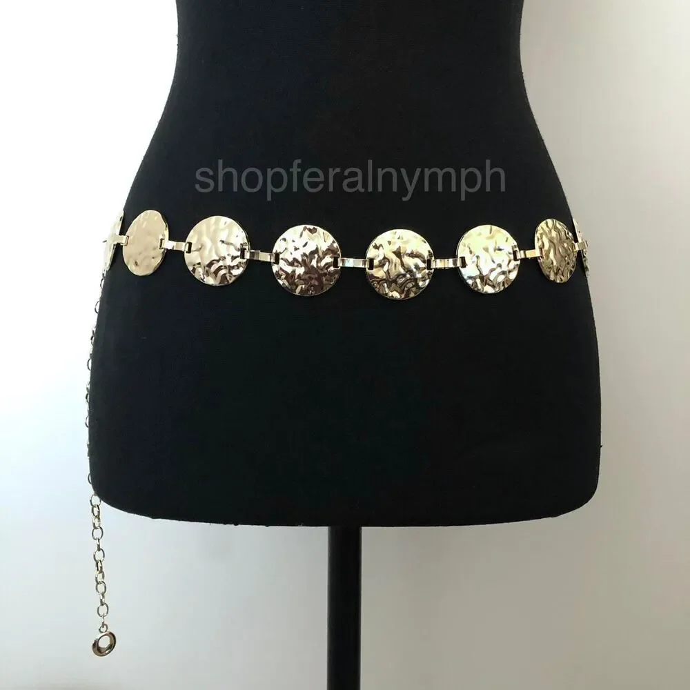 Y2K Boho Gold Hammered Disc Coin Chain Belt, Fits 24.5–42 Inches, X7GA1153